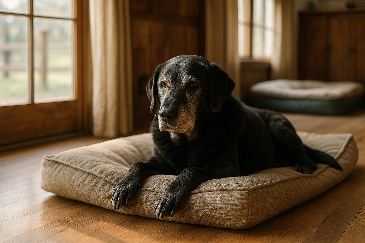 Mika, a 15-year-old black Labrador retriever with a graying face, resting on a bed inside the Ben's Place farmhouse sanctuary.