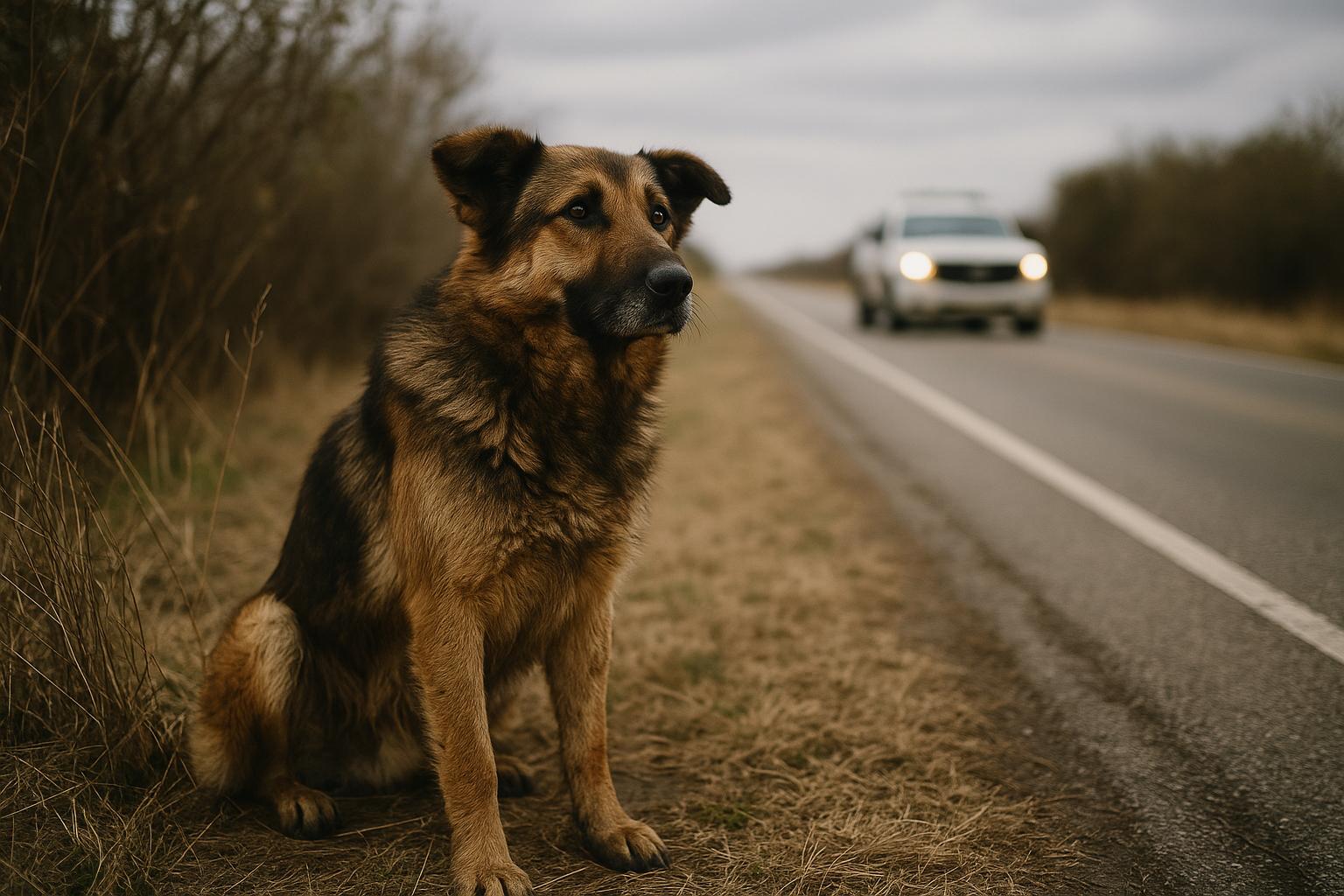 Shepherd-mix dog sitting beside brush along a rural highway verge after being rescued