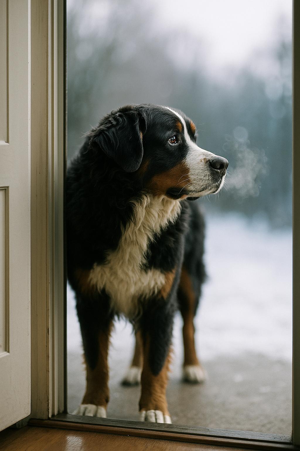 Bernese Mountain Dog hesitating in a doorway, refusing to step into chilly air