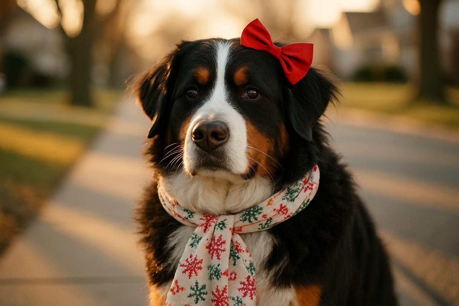 A Bernese mountain dog wearing a red bow standing on a suburban sidewalk at golden hour, fur glossy and natural, calm expression.
