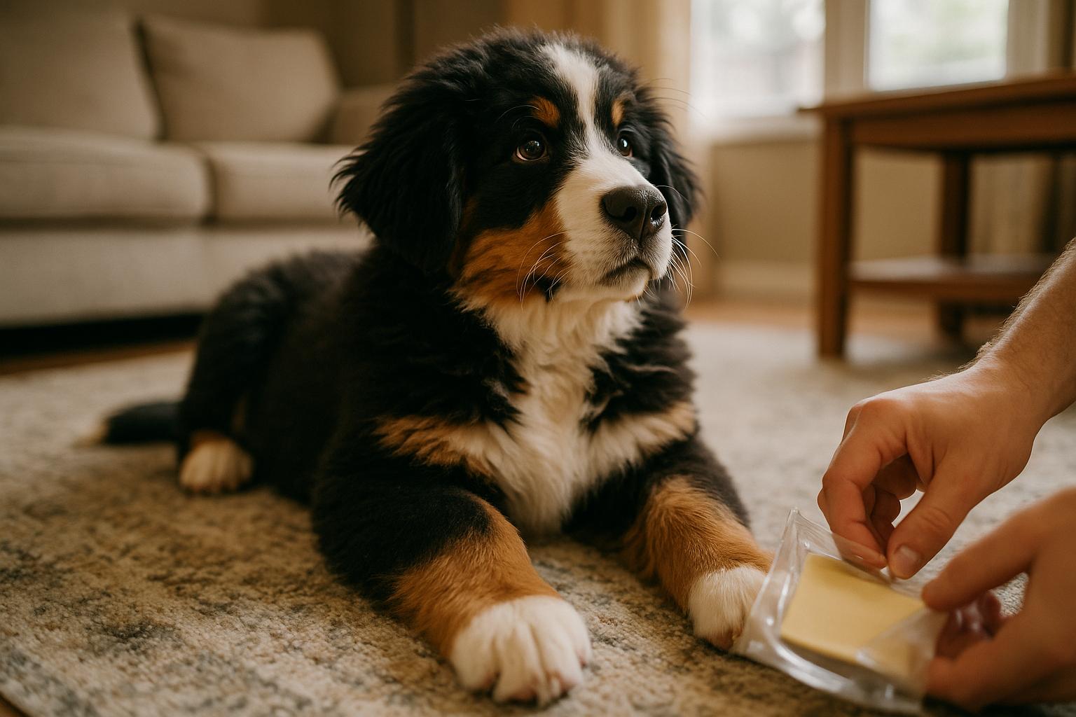 Franklin the Bernese Mountain Dog puppy slowly getting up as a deli cheese package is opened nearby in a living room