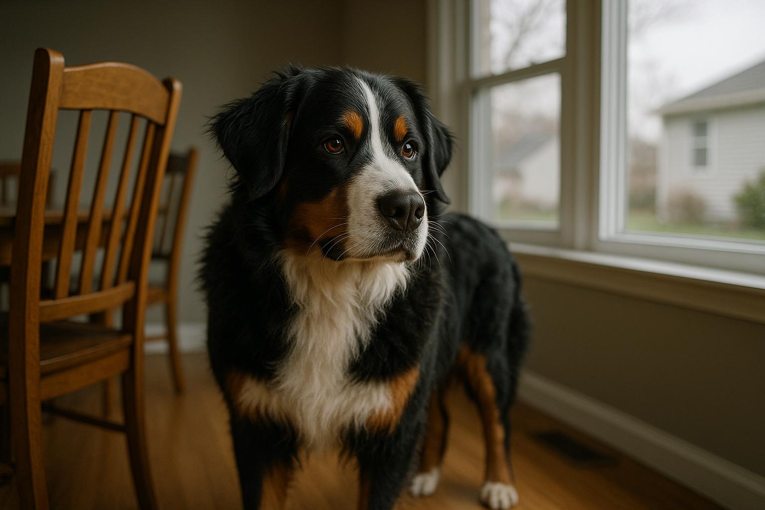 Riggie, a Bernese Mountain Dog with tri-colored fur, standing alert near a dining chair in a softly lit dining room