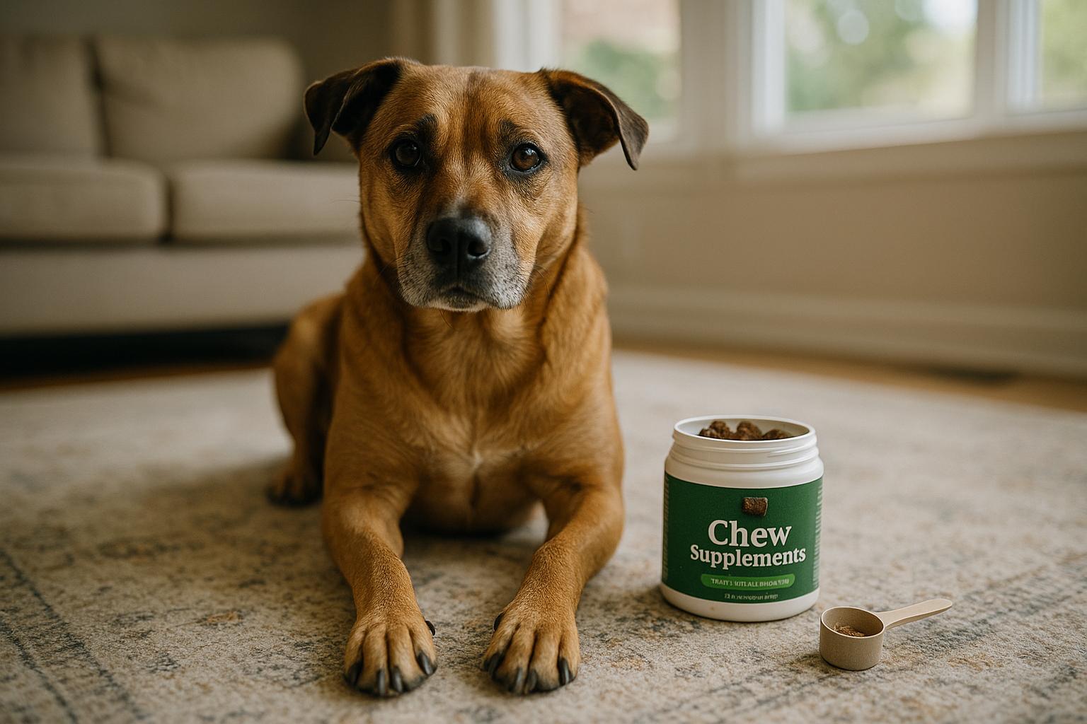 A medium-sized mixed-breed dog sits next to a jar of chew supplements in a sunlit living room.
