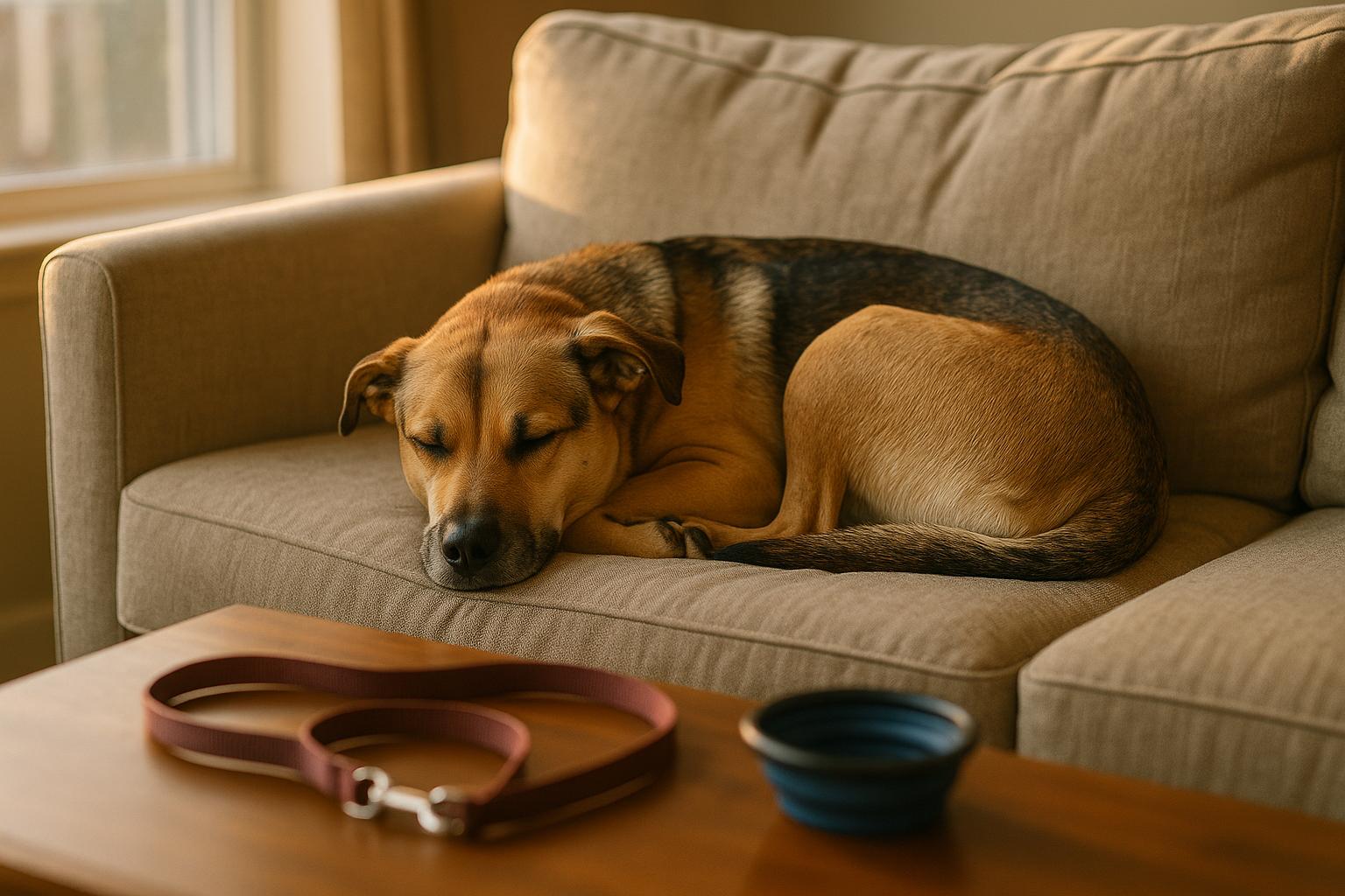 An adoptable mixed-breed dog resting on a couch during a supervised sleepover visit at an adoption center