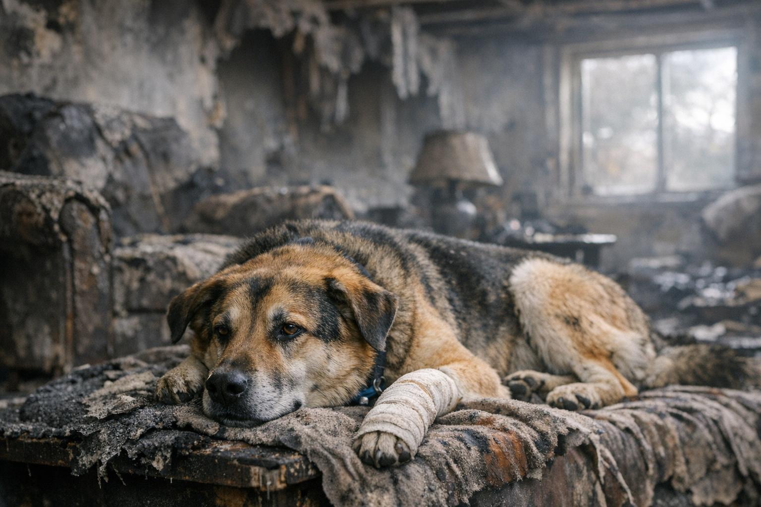 A dog sitting in a living room with charred furniture and exposed beams visible after a Christmas tree fire