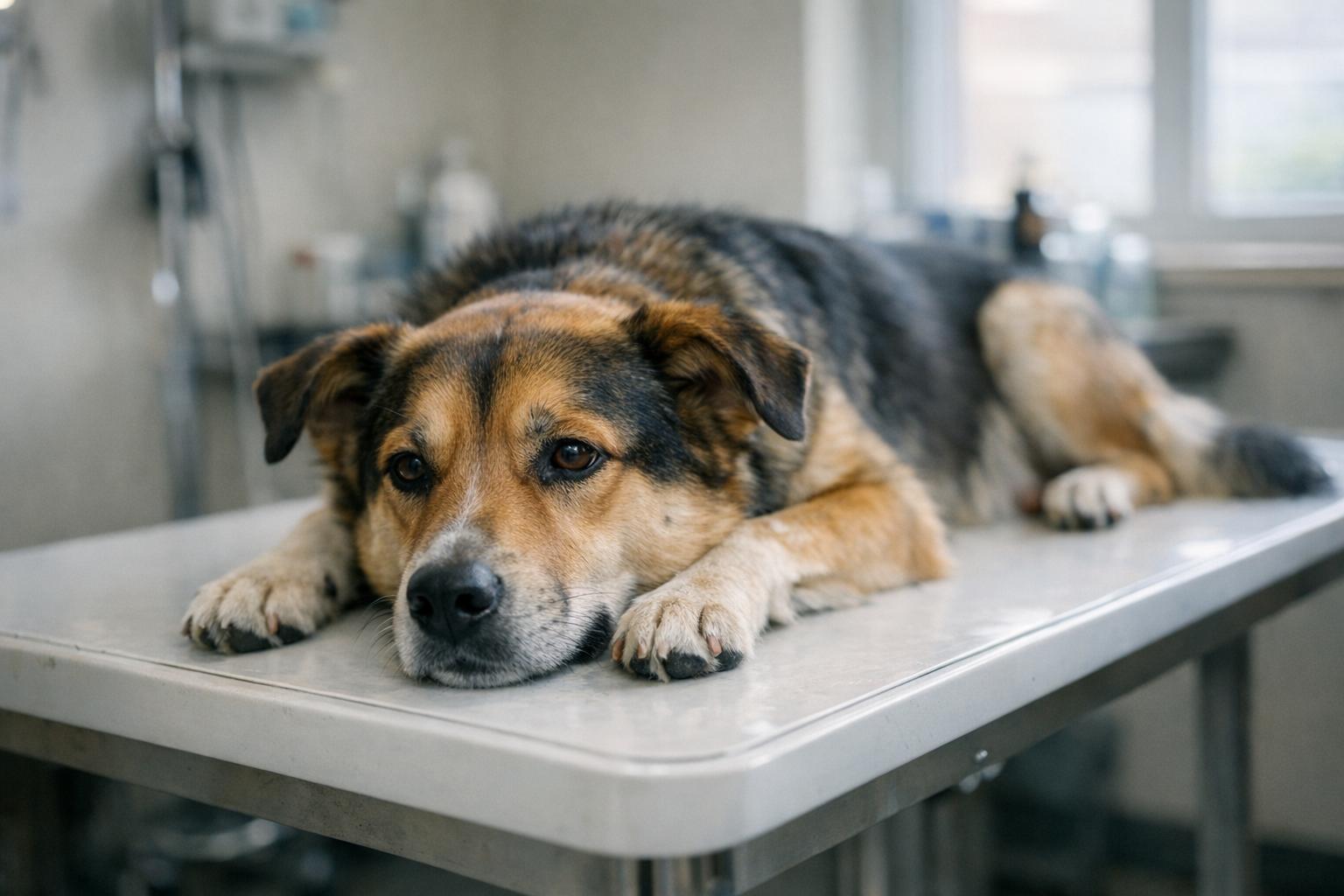 A medium-sized mixed-breed family dog resting on an examination table in a veterinary clinic under soft window light.