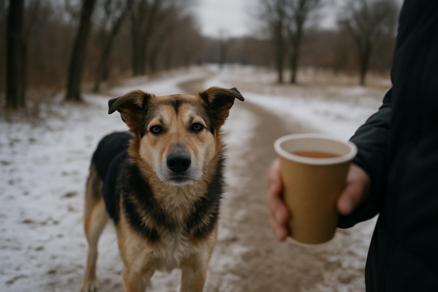A mixed-breed dog on a winter walk at an off-leash dog park, with a person holding a cup of hot cider in the background