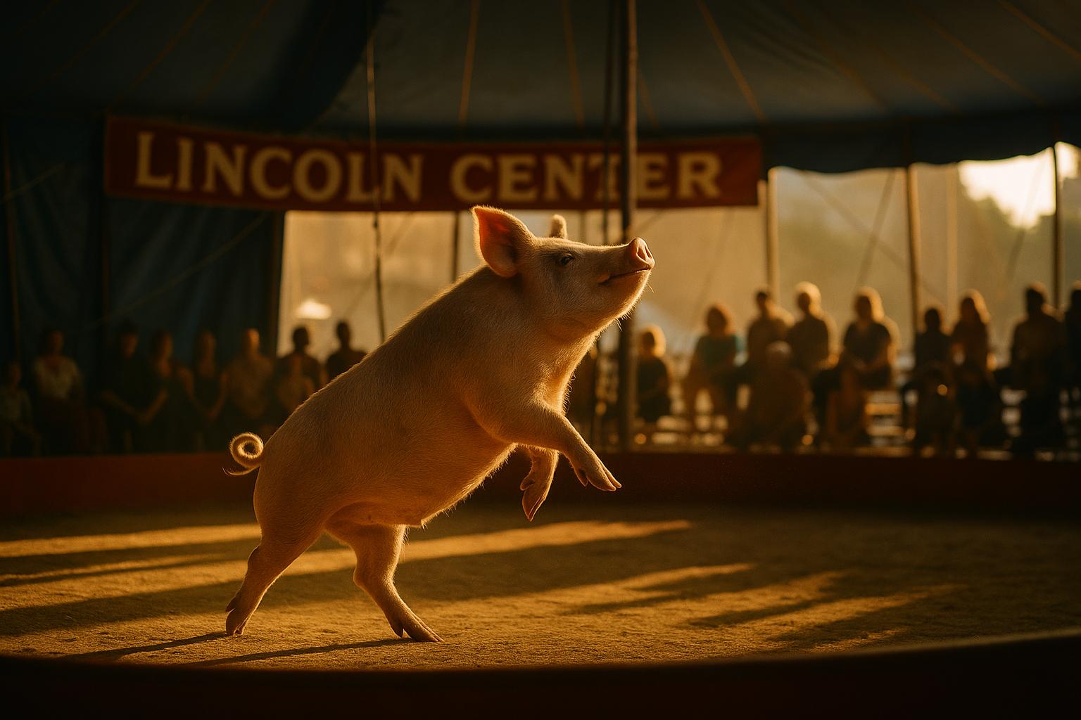 A prancing pig performing beneath a single-ring circus tent at Lincoln Center, with aerial rigging and audience silhouettes in the background.