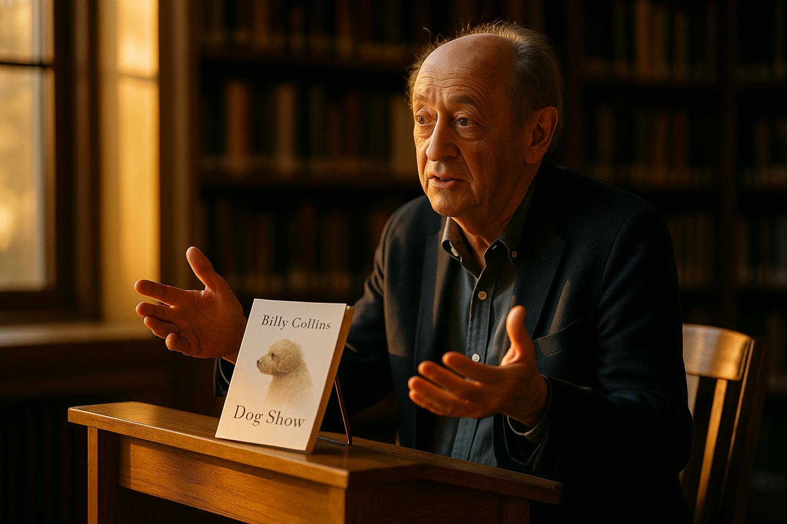 Billy Collins speaking at a lectern in the JFK Library with a copy of 'Dog Show' on the lectern