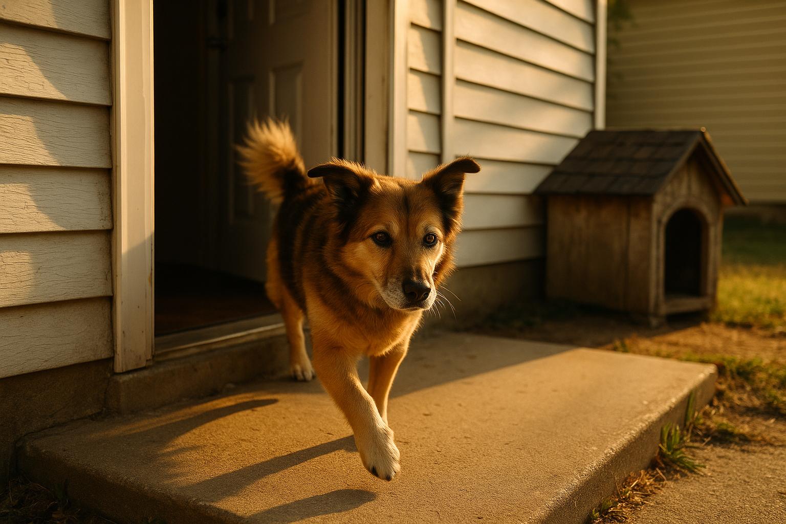 A dog trotting out a front door at dawn, tail raised, fur detailed in warm morning light