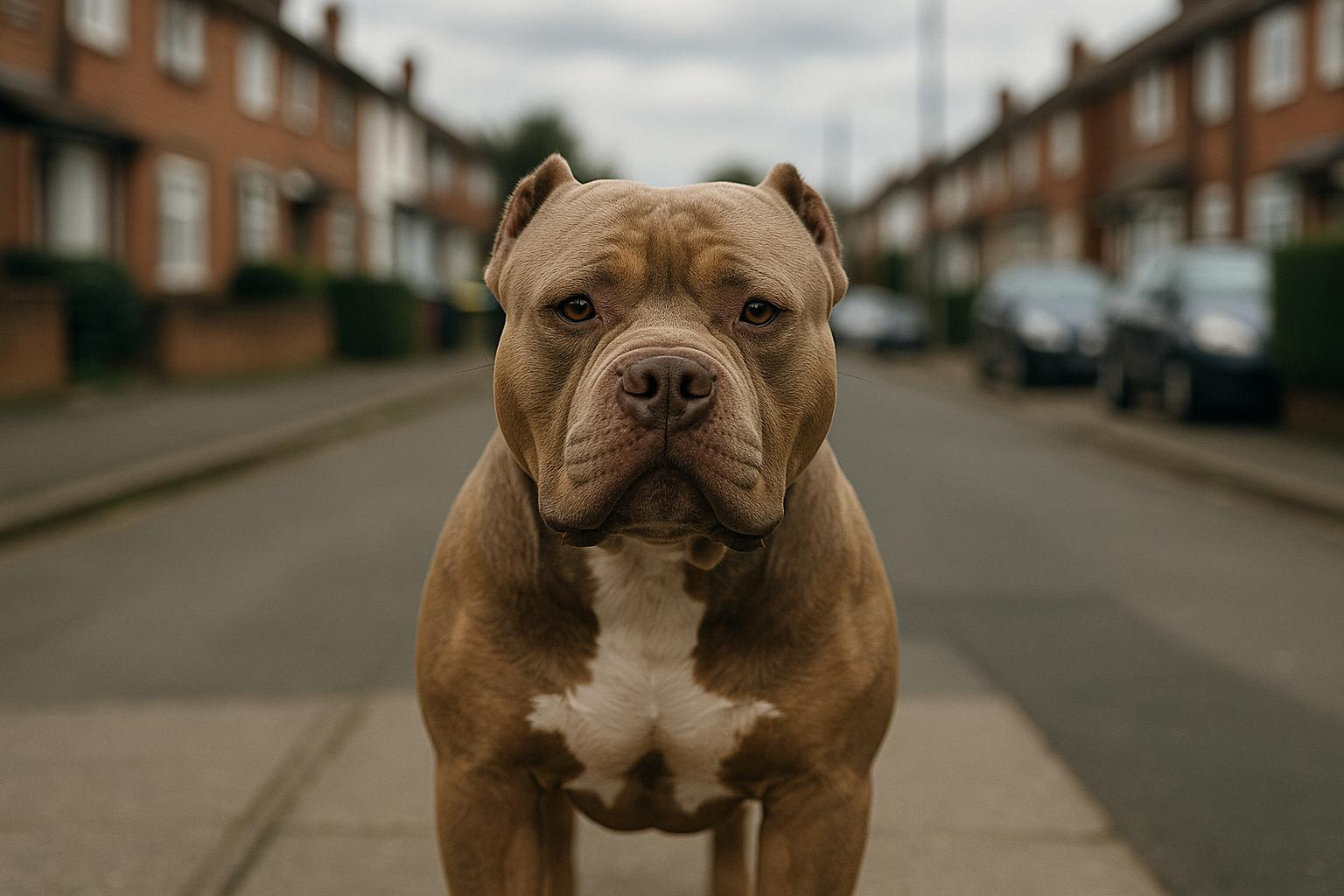An XL bully-type dog standing calmly on a suburban pavement in soft, diffused daylight.