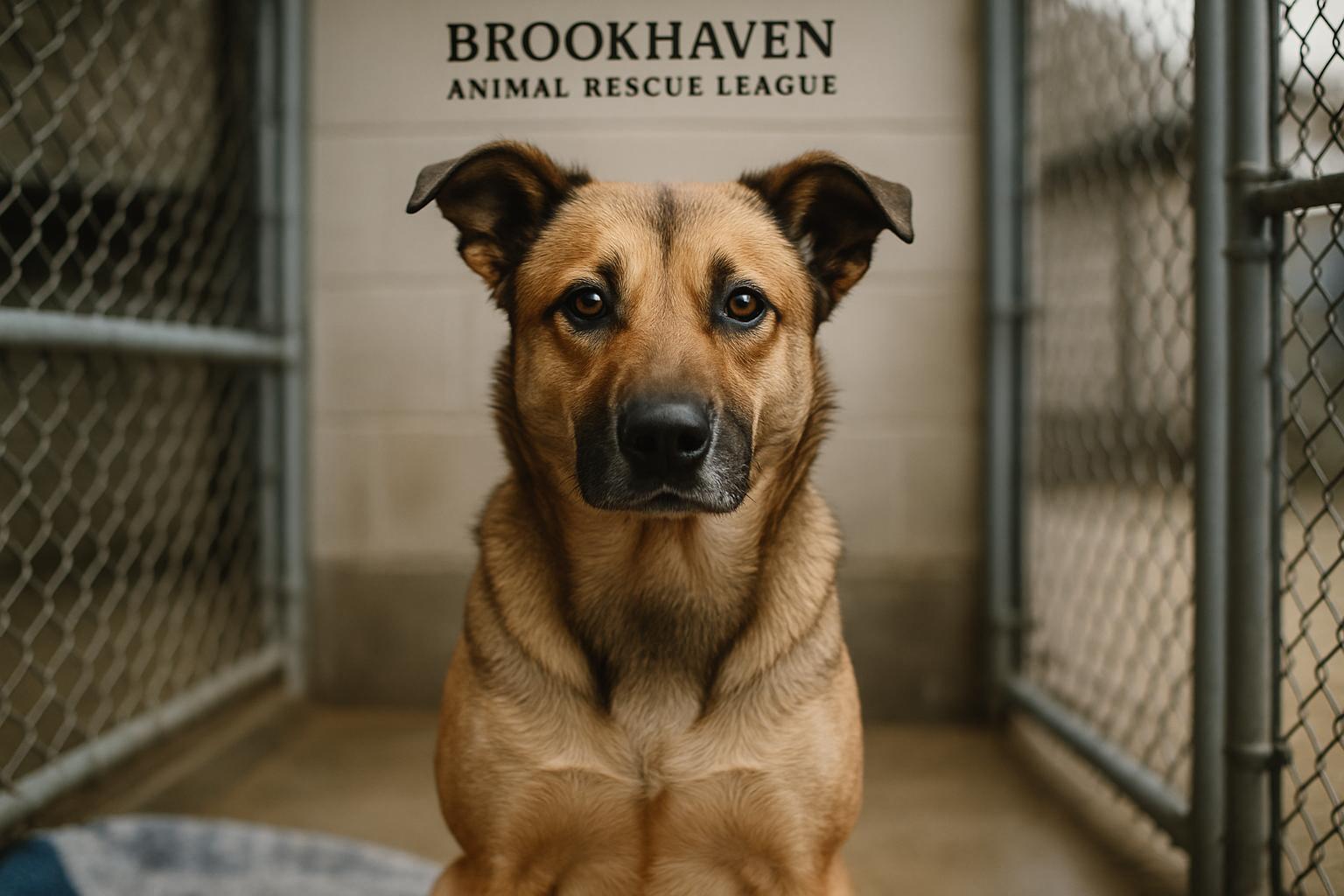 Mixed-breed shelter dog sitting in a kennel at Brookhaven Animal Rescue League under soft overcast light.