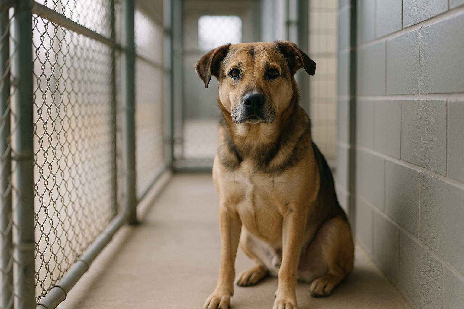 Mixed-breed shelter dog sitting in an adoption kennel at a municipal shelter adoption center