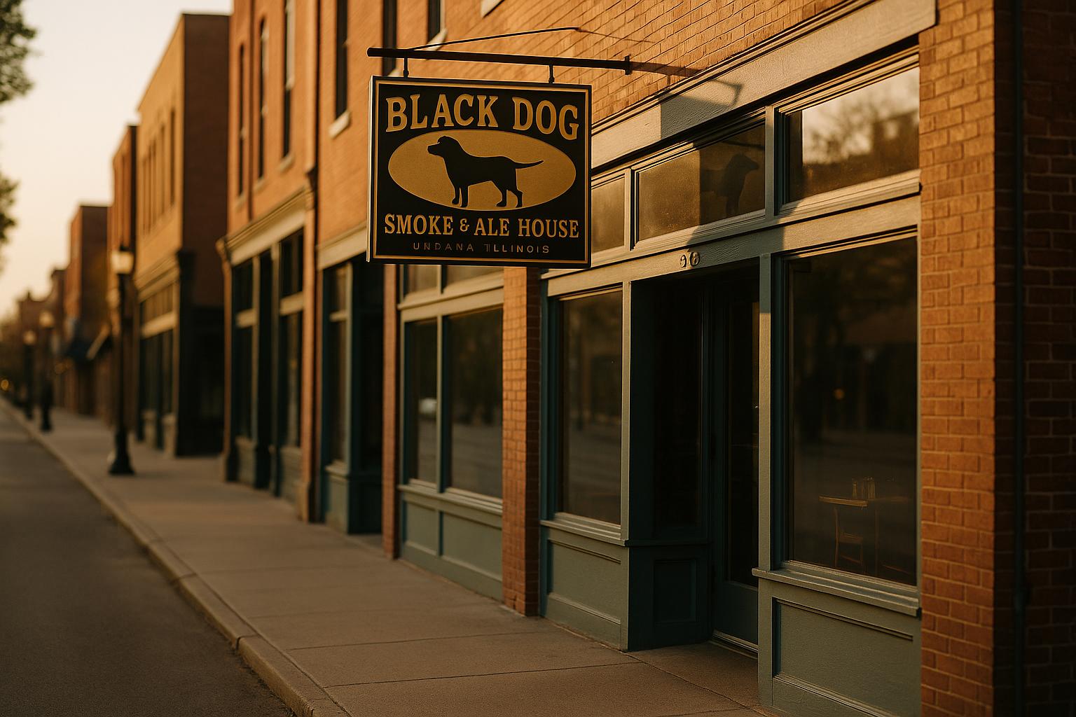 Exterior of Black Dog Smoke & Ale House storefront and sign in Urbana at golden hour