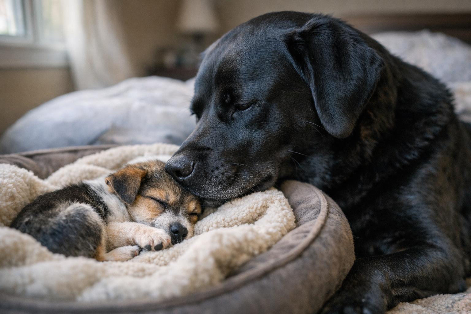A Black Labrador nuzzling a smaller rescue dog curled on a blanket in a bed inside a home
