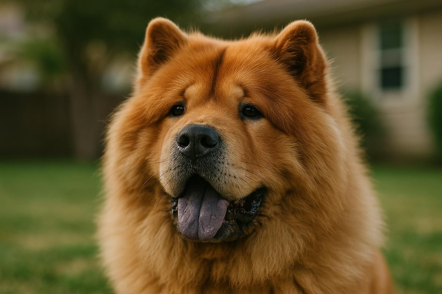 Close-up of a Chow Chow with a purple-black tongue, photographed outdoors in soft light