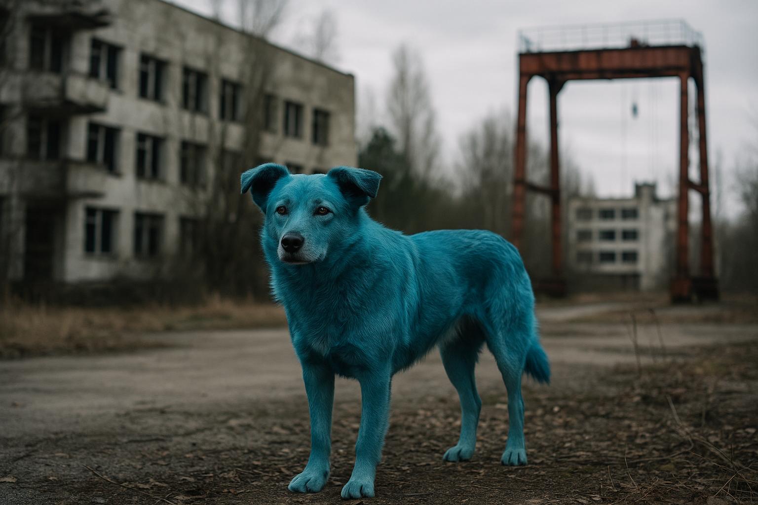 A mixed-breed stray dog with bright blue-stained fur standing in front of ruined buildings in the Chernobyl Exclusion Zone.