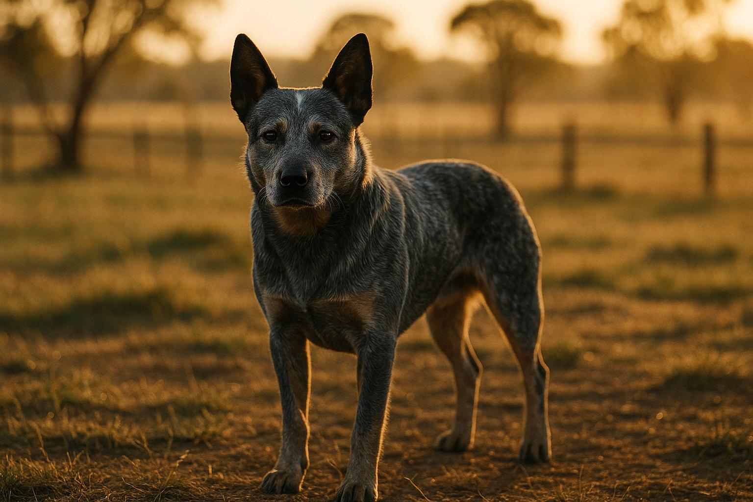 Australian Cattle Dog (Blue Heeler) standing alert in a sunlit rural paddock