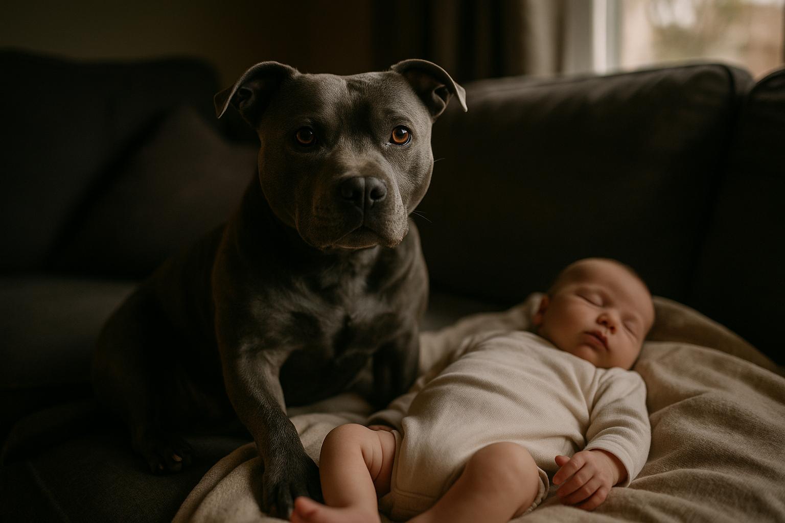Blue Staffordshire Terrier sitting calmly beside a newborn's crib, alert and watchful in a softly lit living room.