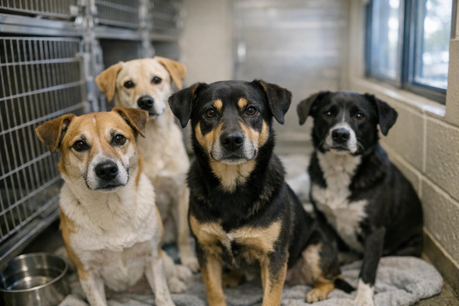 Mixed-breed short-coated dogs in a clinic kennel, calm and alert, photographed in natural light