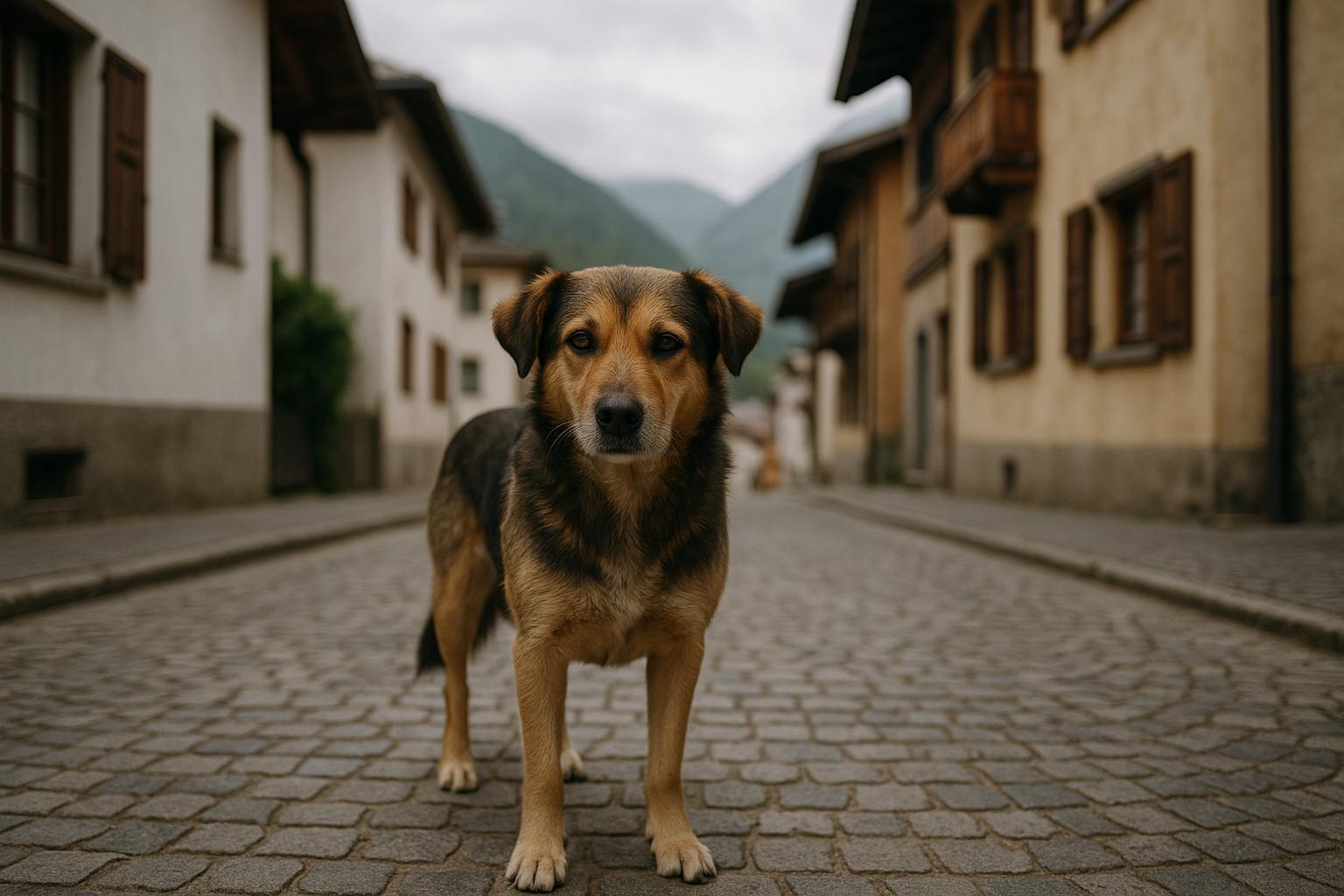 Medium-sized mixed-breed dog standing on a cobbled street in an alpine town under overcast light