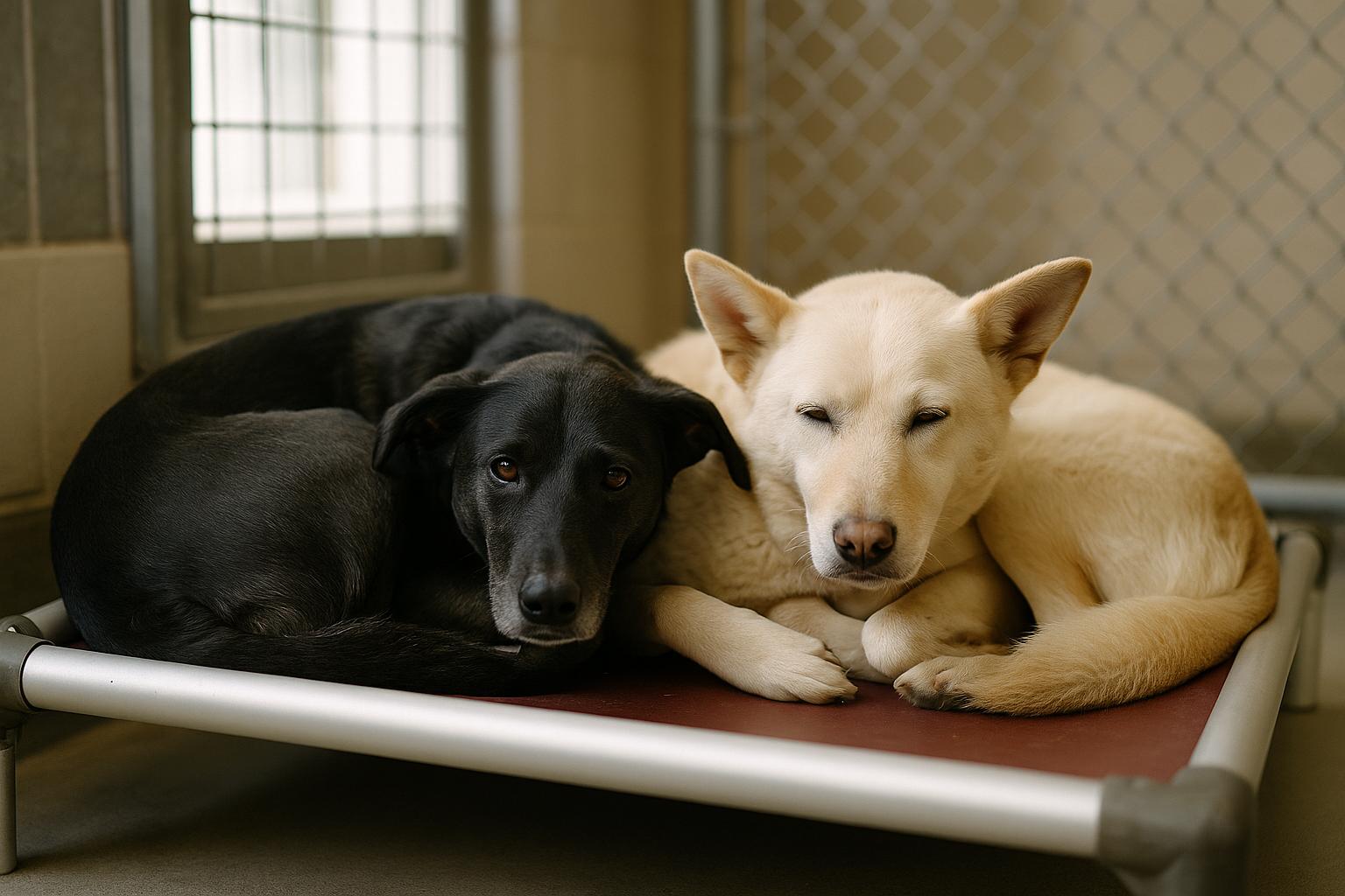 Two shelter dogs, Nadia and Snow Bear, curled up together on a kennel bed in soft natural light