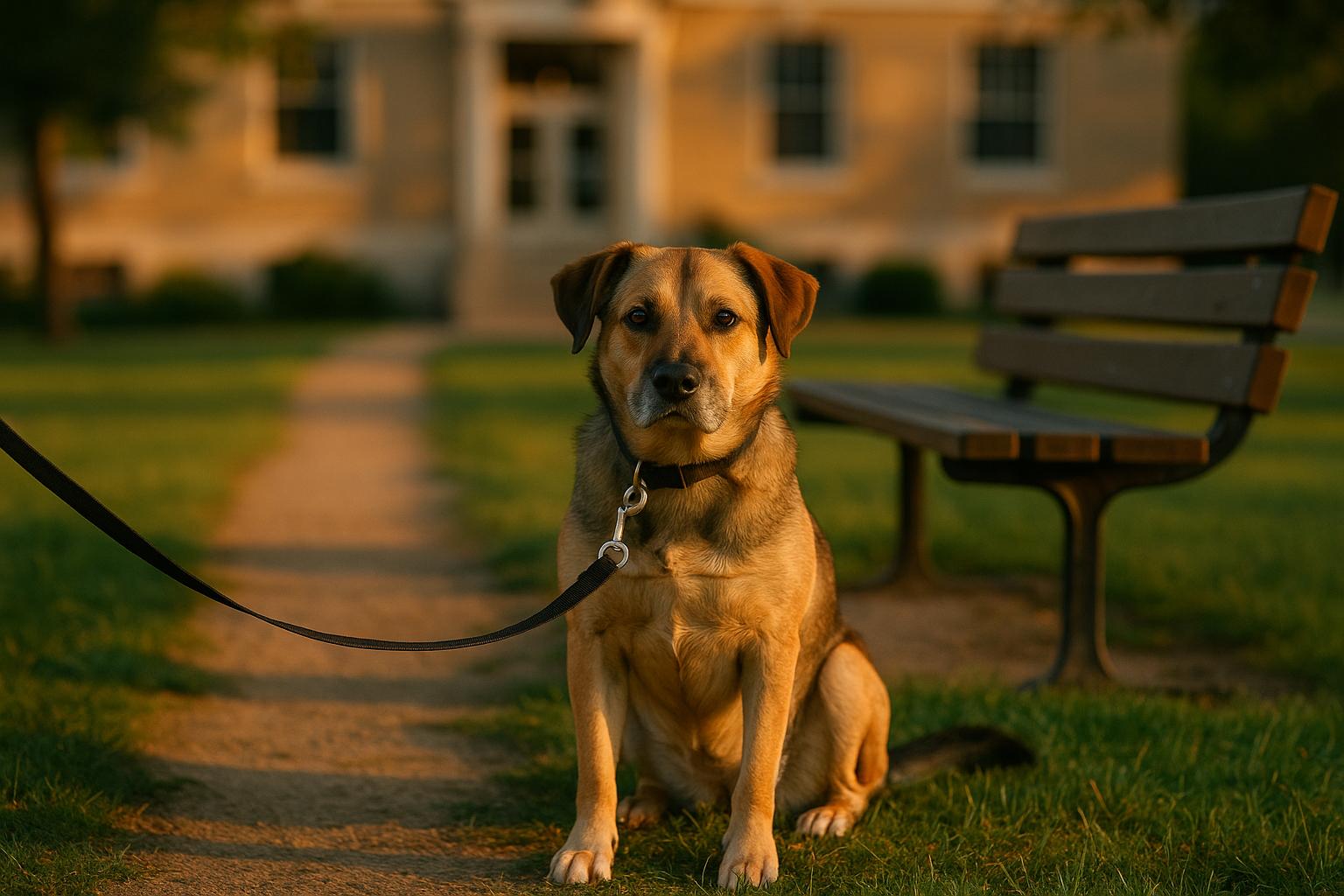 Medium-sized mixed-breed dog on leash by a park bench outside a municipal building during golden hour.