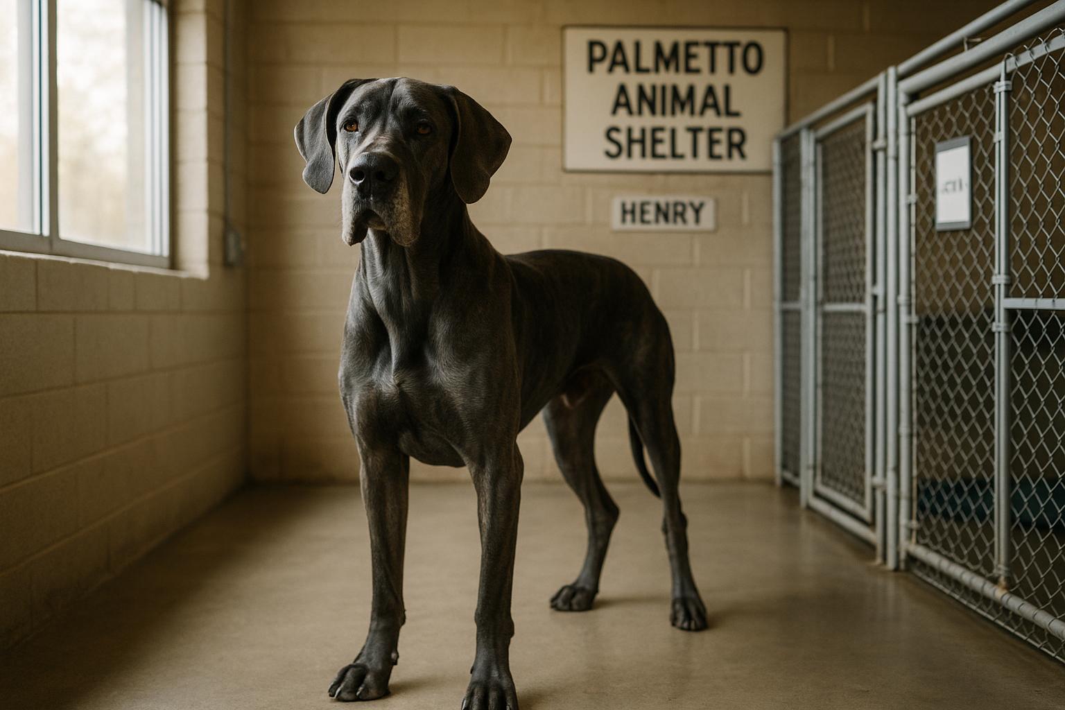 Henry the Great Dane standing in a shelter adoption area at Palmetto Animal Shelter, alert and healthy