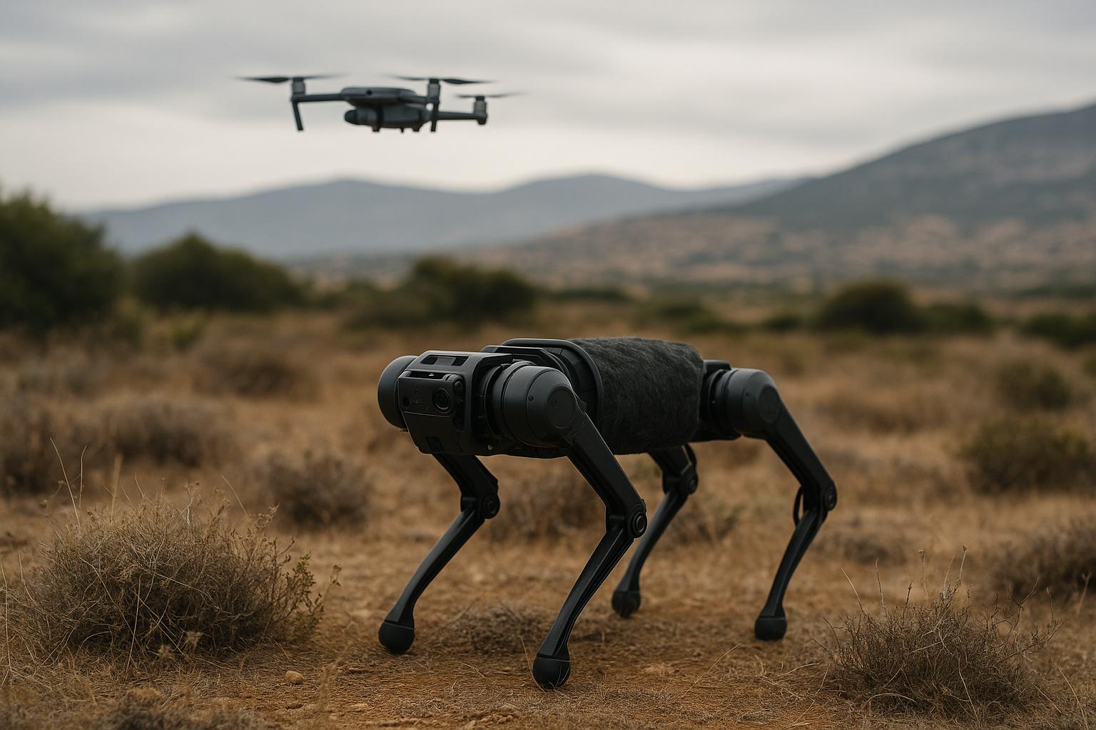 Robotic quadruped and drone scanning dry scrubland in Greece as part of an AI wildfire detection pilot