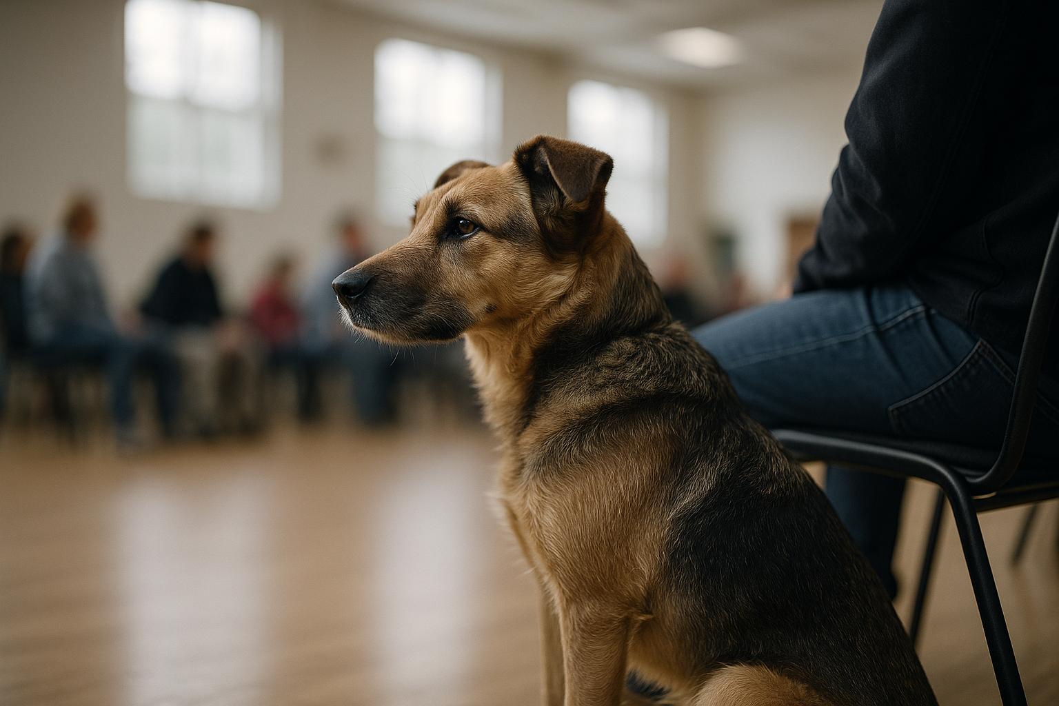 Mixed-breed dog sitting attentively beside its owner in a community hall during a training session