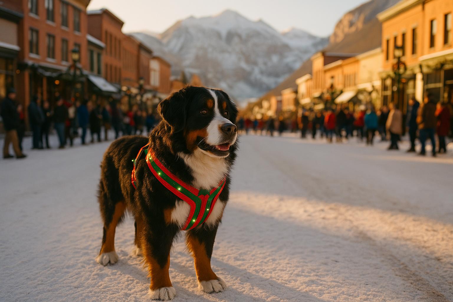 A Bernese mountain dog in a festive harness on a snowy Main Street with blurred holiday crowd in the background