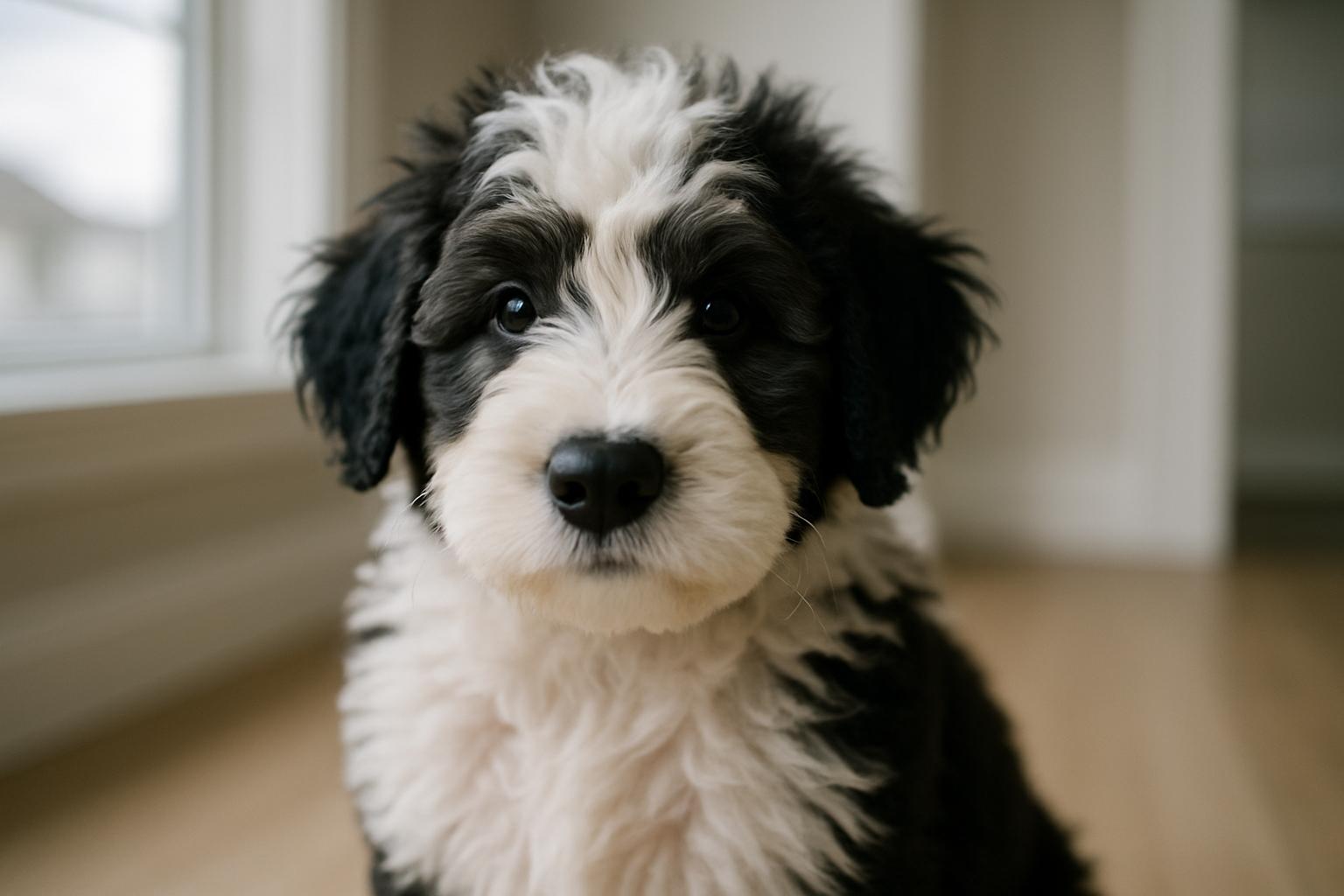 Close-up portrait of a black-and-white Sheepadoodle puppy with soft fur in a clean home setting