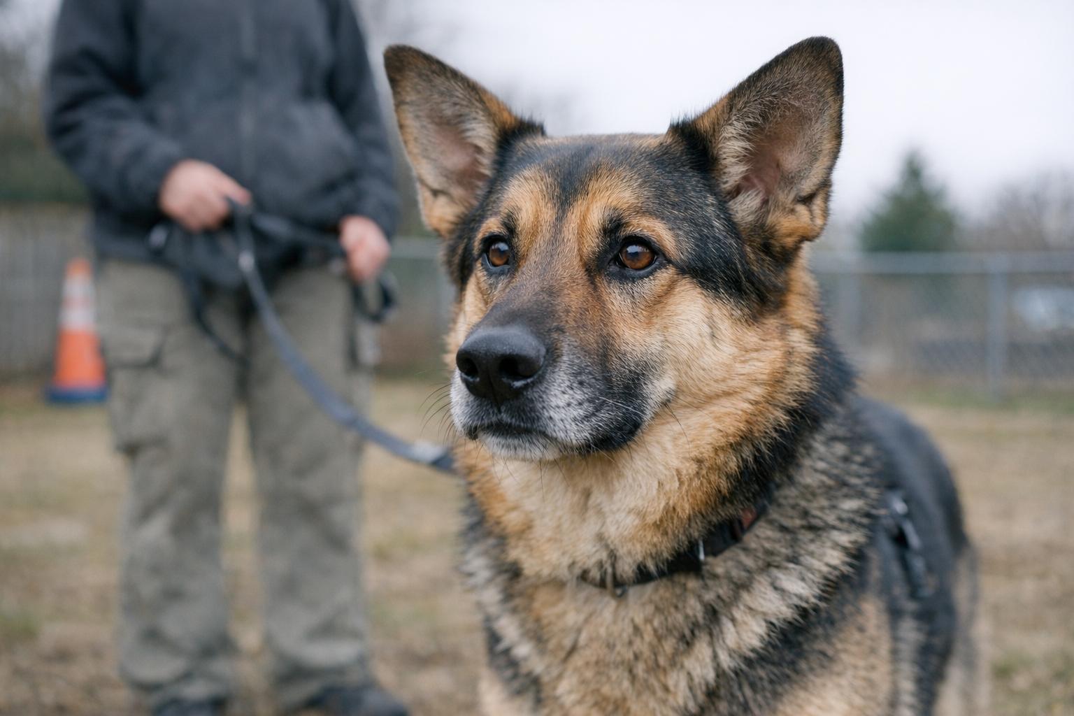 A medium-sized adult dog standing calmly in a suburban training yard, alert but relaxed, with a trainer in soft focus behind it.