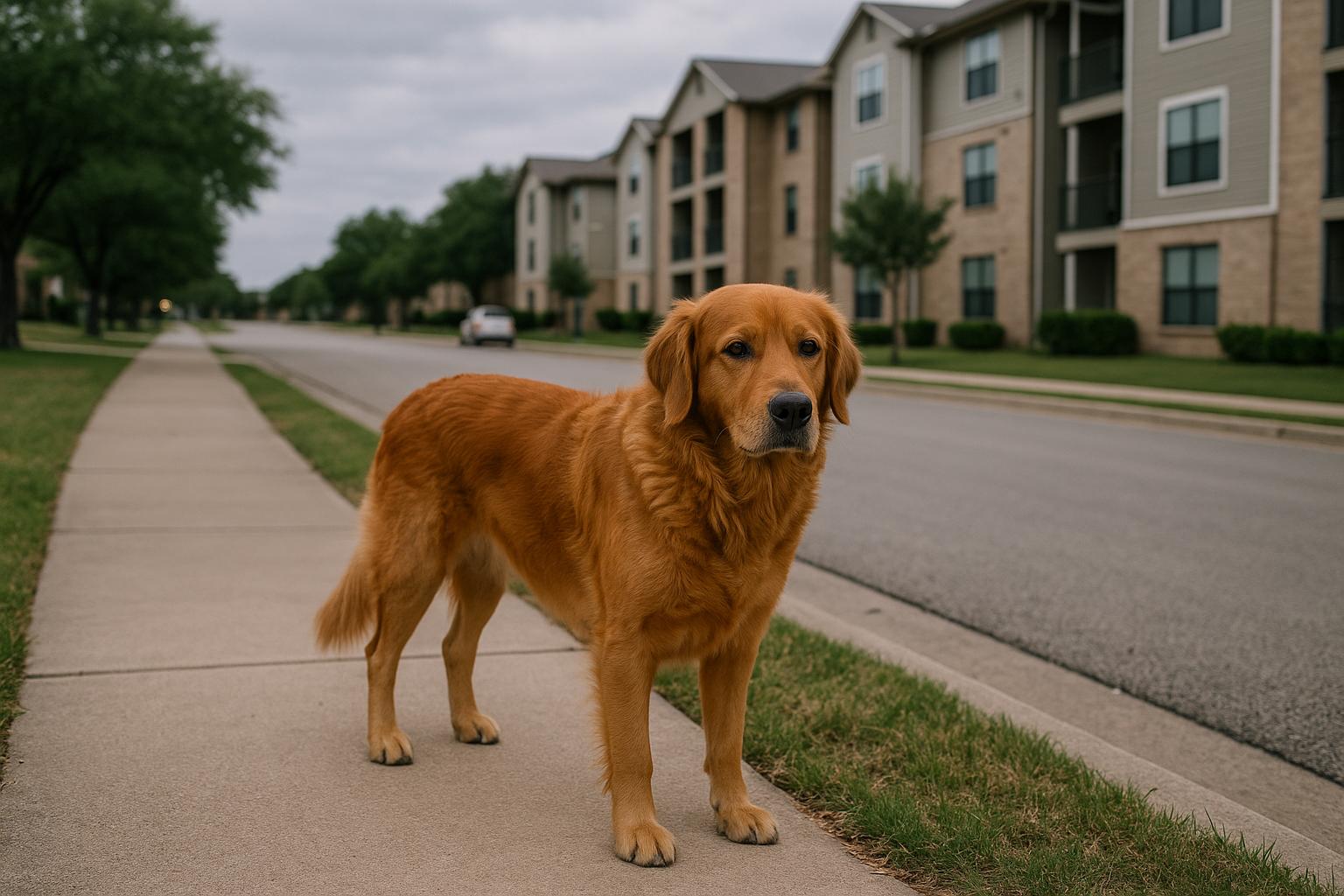 Penny, Brian McGruder's dog, standing calmly on a suburban sidewalk in front of apartment buildings in College Station under soft overcast light.