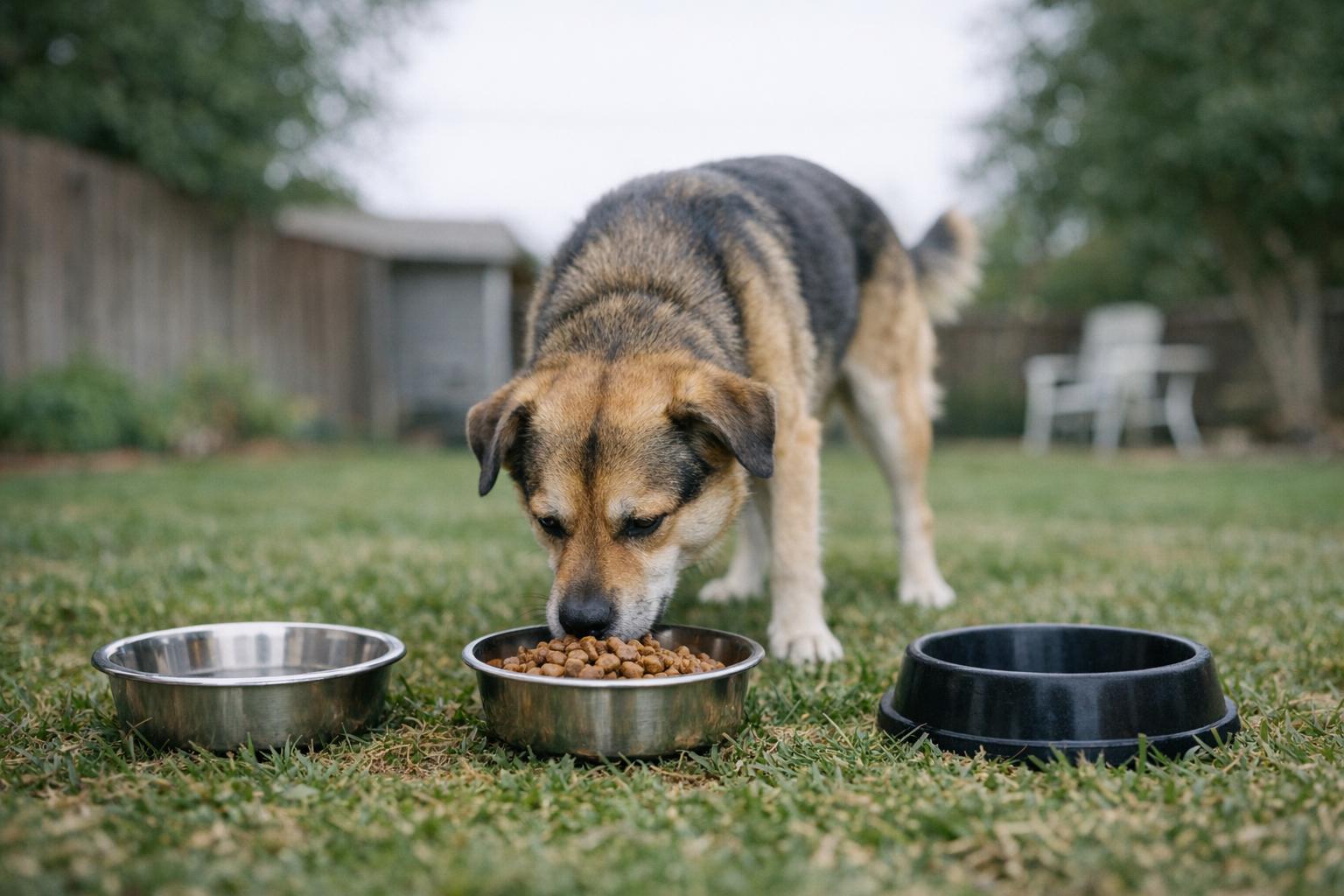 A dog hesitates to approach a single bowl placed between where two bowls once stood in a backyard experiment setting