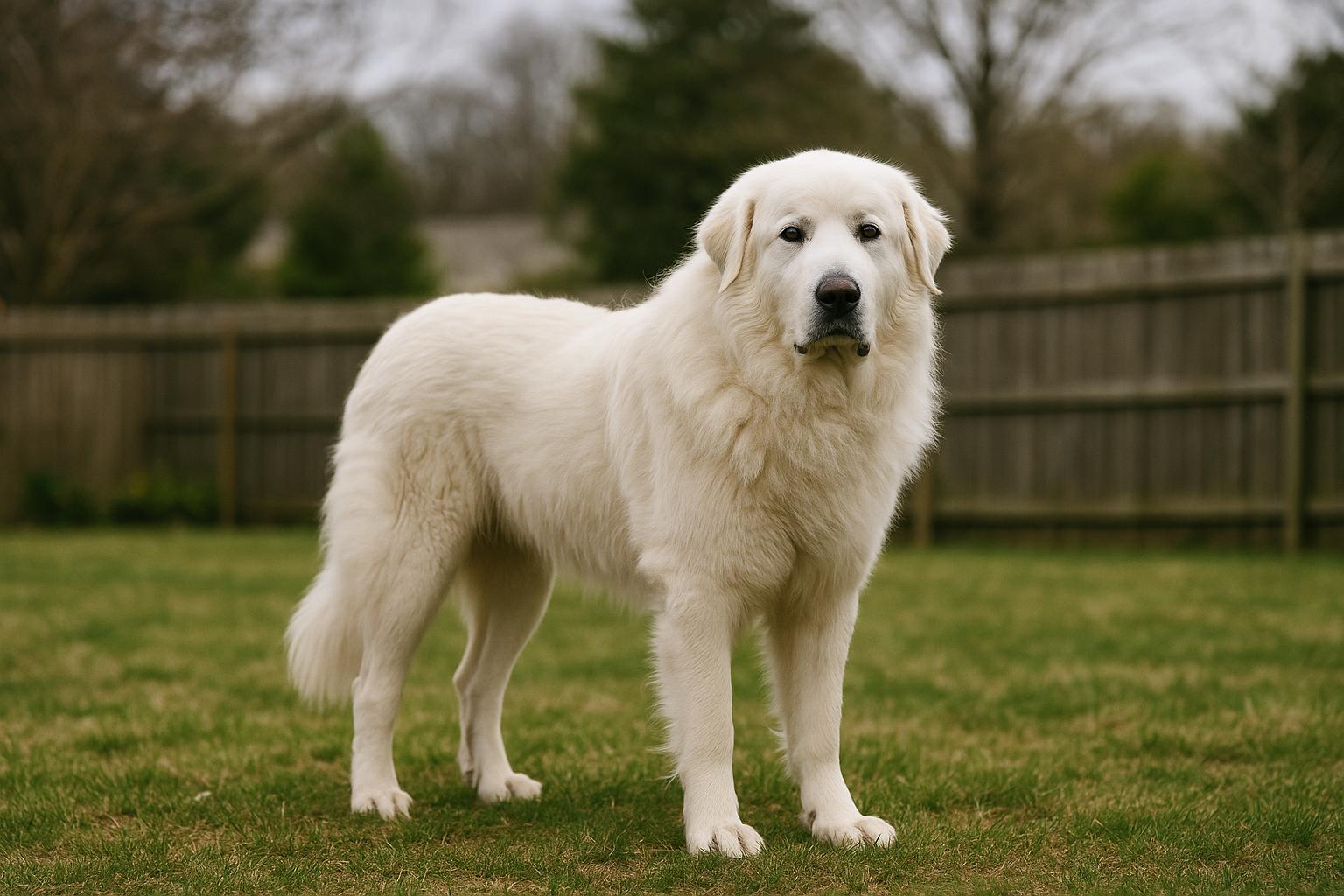 Brody, a large white Pyrenean mountain dog, standing in a backyard with soft diffused light
