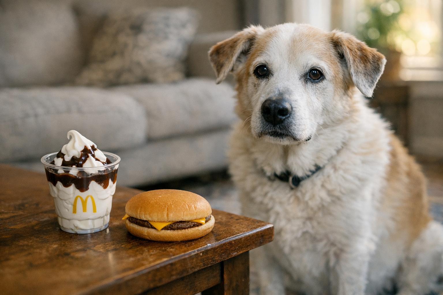 Senior white dog sitting by a small McDonald's sundae and cheeseburger on a living room rug
