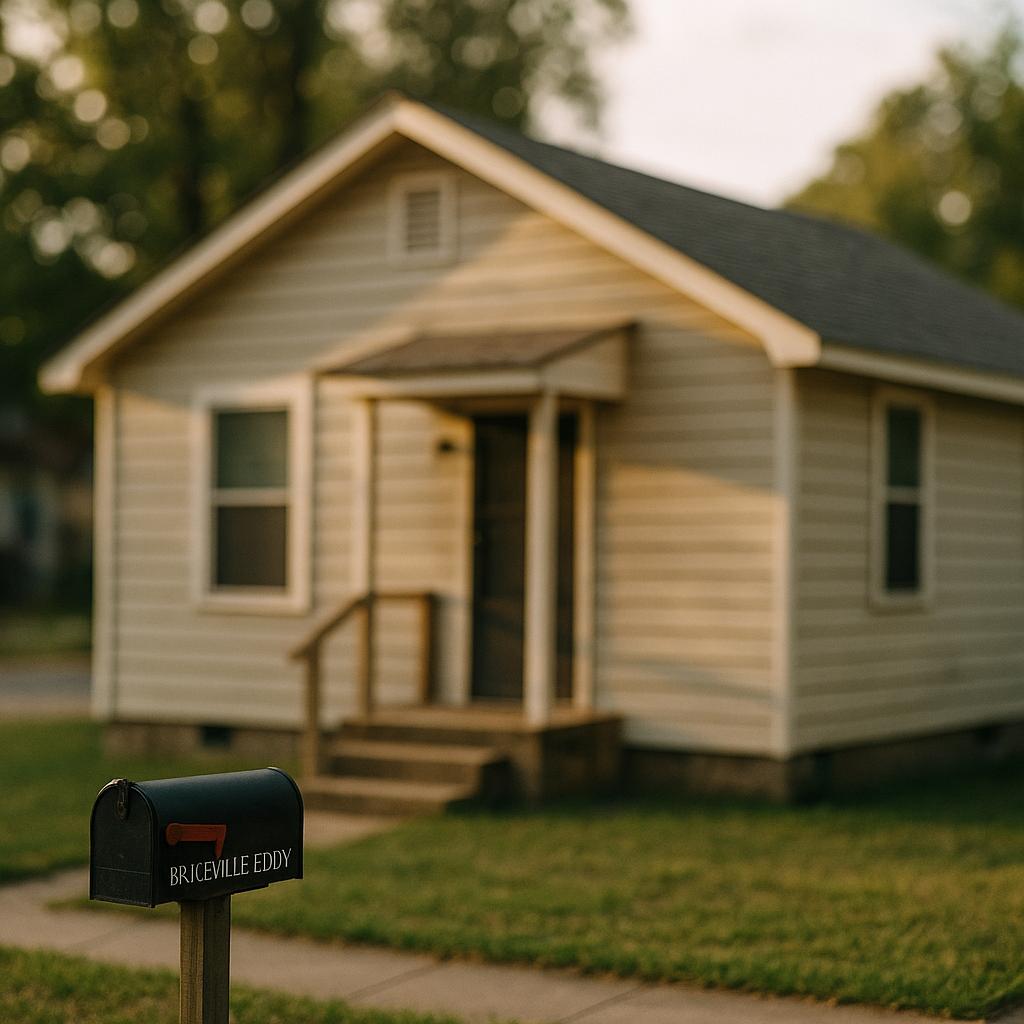 Photorealistic view of a modest house on a residential block in Bruceville-Eddy, Texas, late afternoon