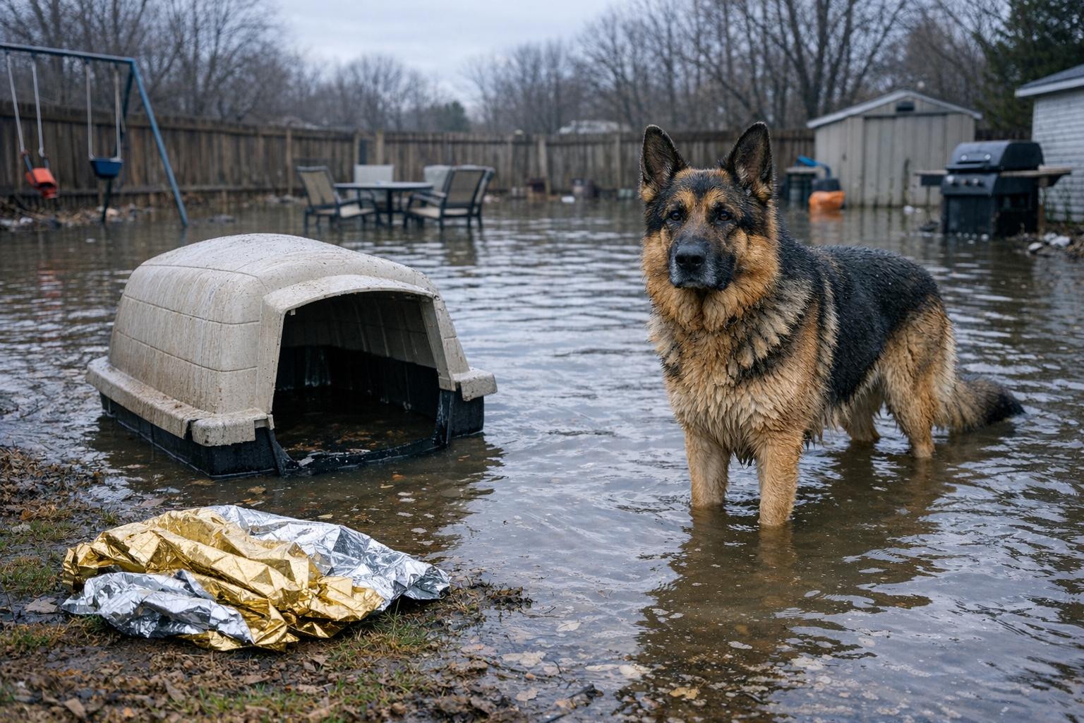 German Shepherd standing beside a partially submerged kennel in a waterlogged backyard after a flood, clean and calm, receiving care