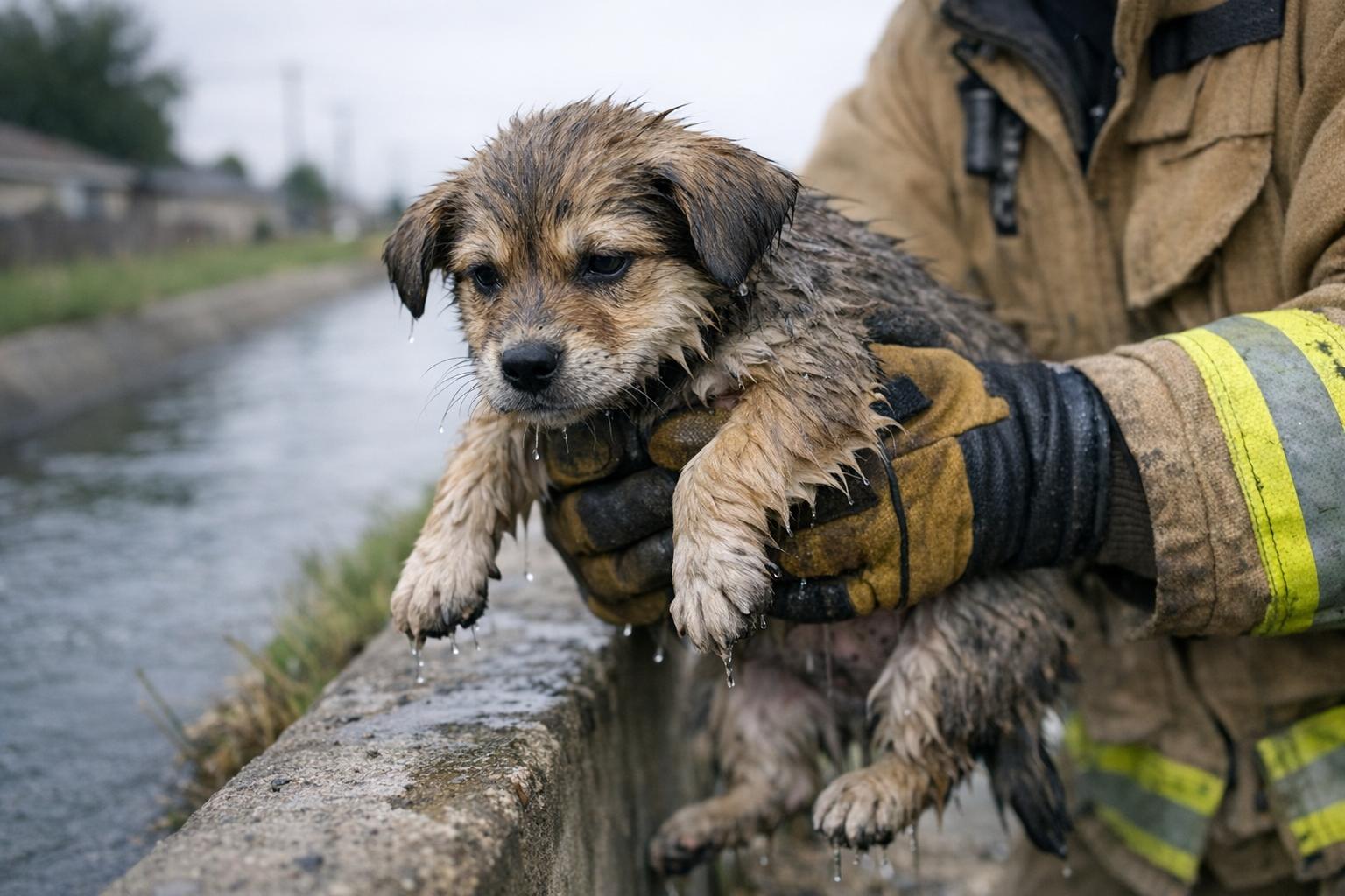 A firefighter lifting a wet puppy from the edge of a suburban canal in Buckeye, Arizona.