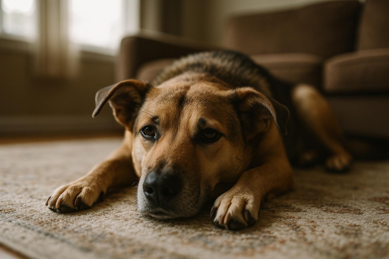 A mixed-breed dog resting indoors after a training session