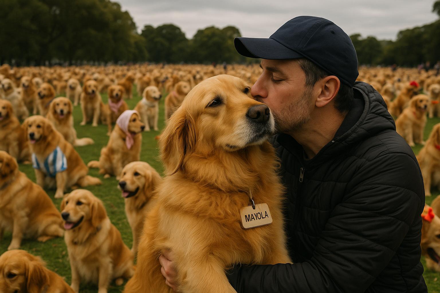 A golden retriever named Manola giving a kiss to its owner amid a large gathering of golden retrievers in a Palermo park, Buenos Aires.