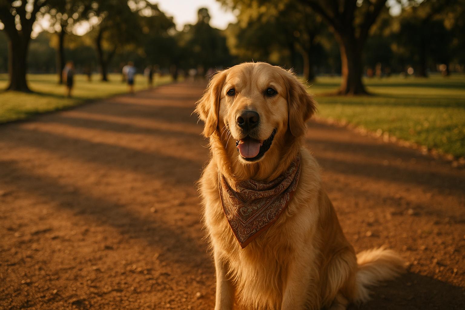 A golden retriever wearing a bandana in Bosques de Palermo with owners and trees in soft golden-hour light