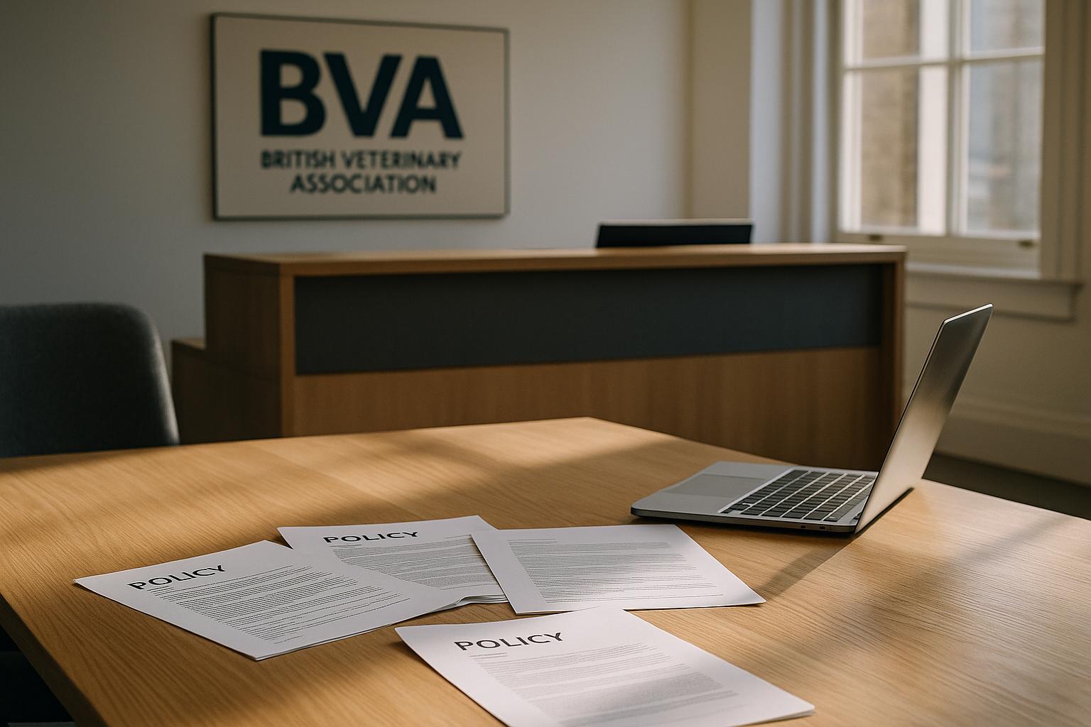 Interior of the British Veterinary Association office at 7 Mansfield Street with a reception desk, BVA logo, and policy documents on a table.