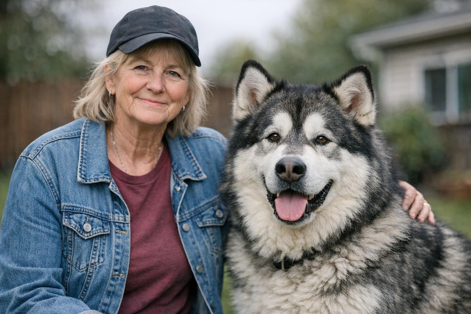 Pat Jenkins standing with Alaskan malamute Roy in a Cache County backyard