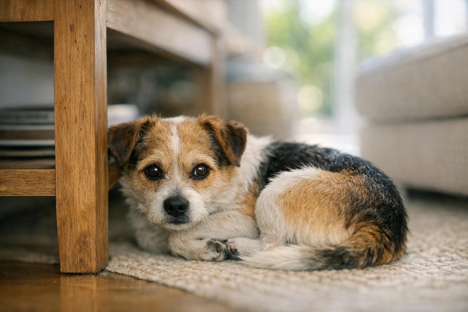 Cactus, a small rescue dog, curled beside a console table in a Miami living room