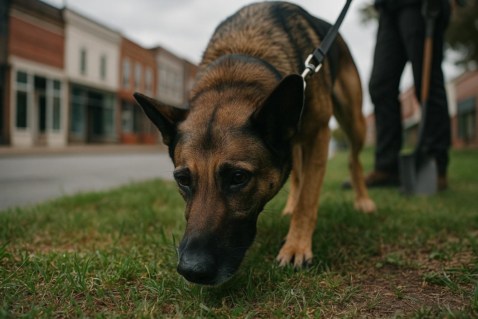 Cadaver dog sniffing ground near a small-town storefront during a search