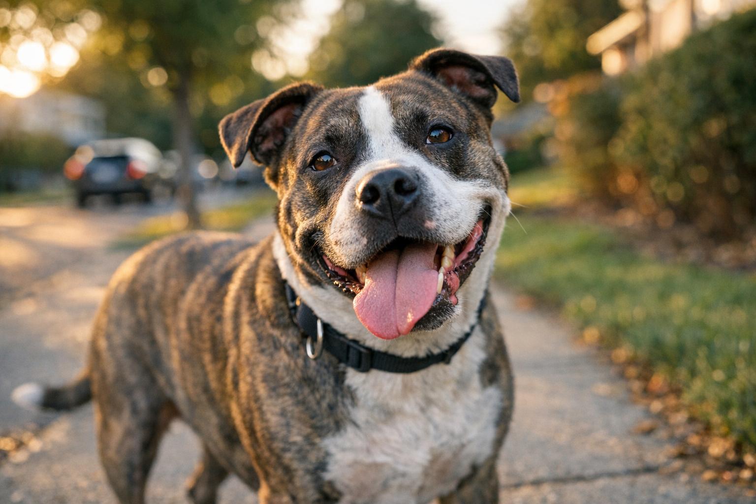 Cali, a 5-year-old bully mix, on a suburban sidewalk during golden hour, looking relaxed and wiggly