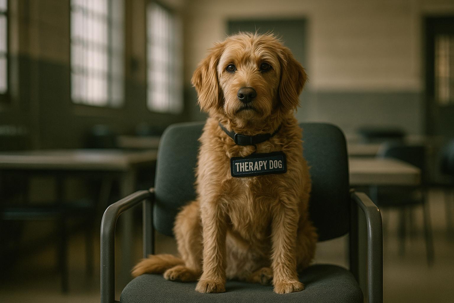 A medium-sized therapy dog sitting calmly in a correctional facility visiting room, photographed in soft natural light.