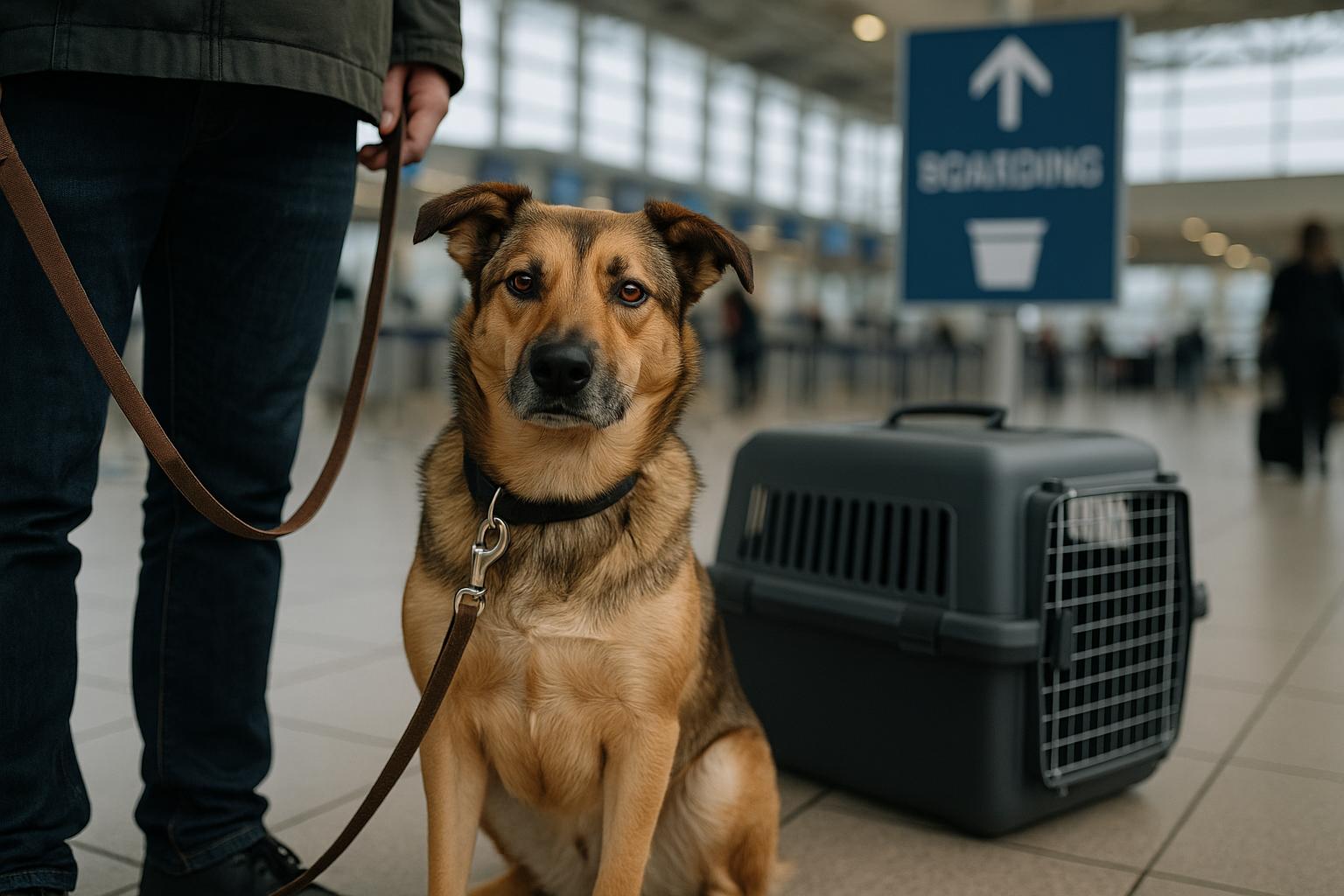 A mixed-breed dog on a leash beside a travel carrier at an airport check-in area.